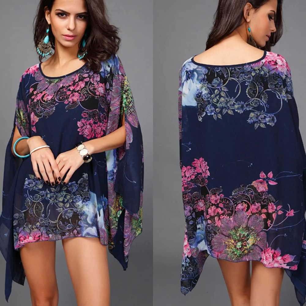 Женские шифоновые топы с цветочным принтом свободные рубашки рукавом летучая