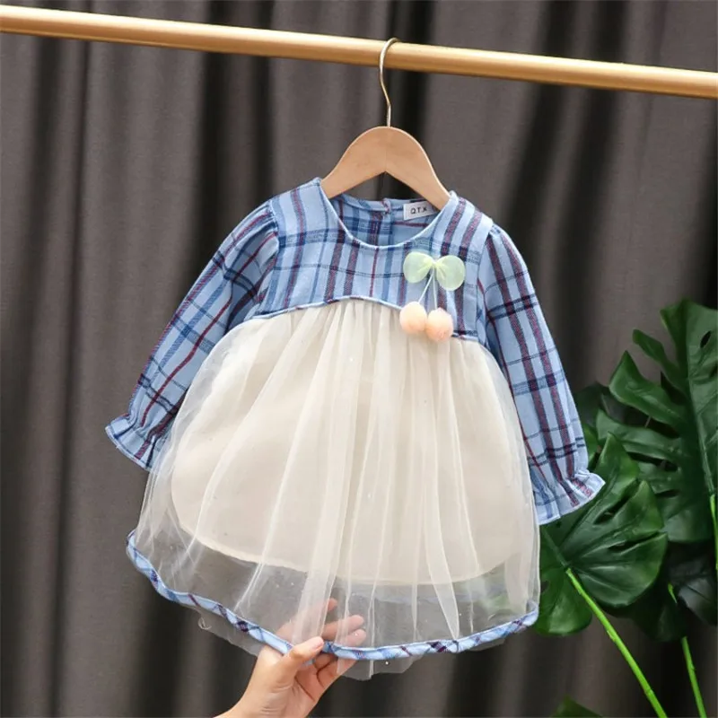 

Baby Girls Dresses Kids Long Sleeves Winter Autumn Plaid Splicing Sweet Ruffle Princess Tutu Dress Chilren Fall Clothes Outfits