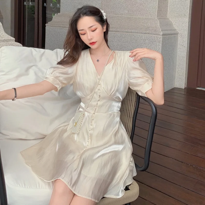 

Spring and Summer New Women's Pure Color French First Love Puff Sleeve Dress Fashion Temperament Waist Slimming Dresses