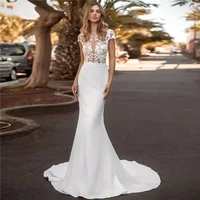 cap sleeve mermaid wedding dresses appliques stretch satin lace white bridal gown for women sexy open back button sweep train