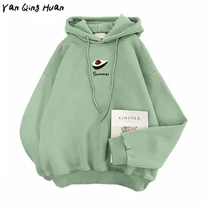 Авокадо куртка зеленого цвета для женщин плюс вышивка в виде букв на бархате Harajuku Осень-зима, новинка, в Корейском стиле, Свободная Толстовка Топы