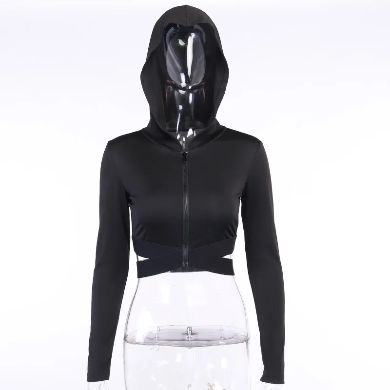 

2021 European and American Spring and Autumn New Fashion Street Zipper Hooded Thin Black Jacket Women