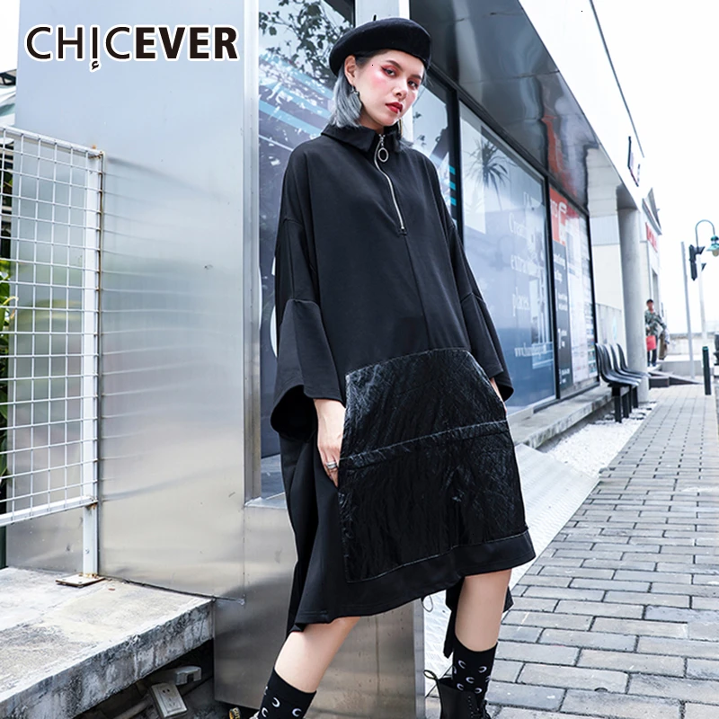 CHICEVER корейское повседневное женское платье со стоячим воротником и рукавами