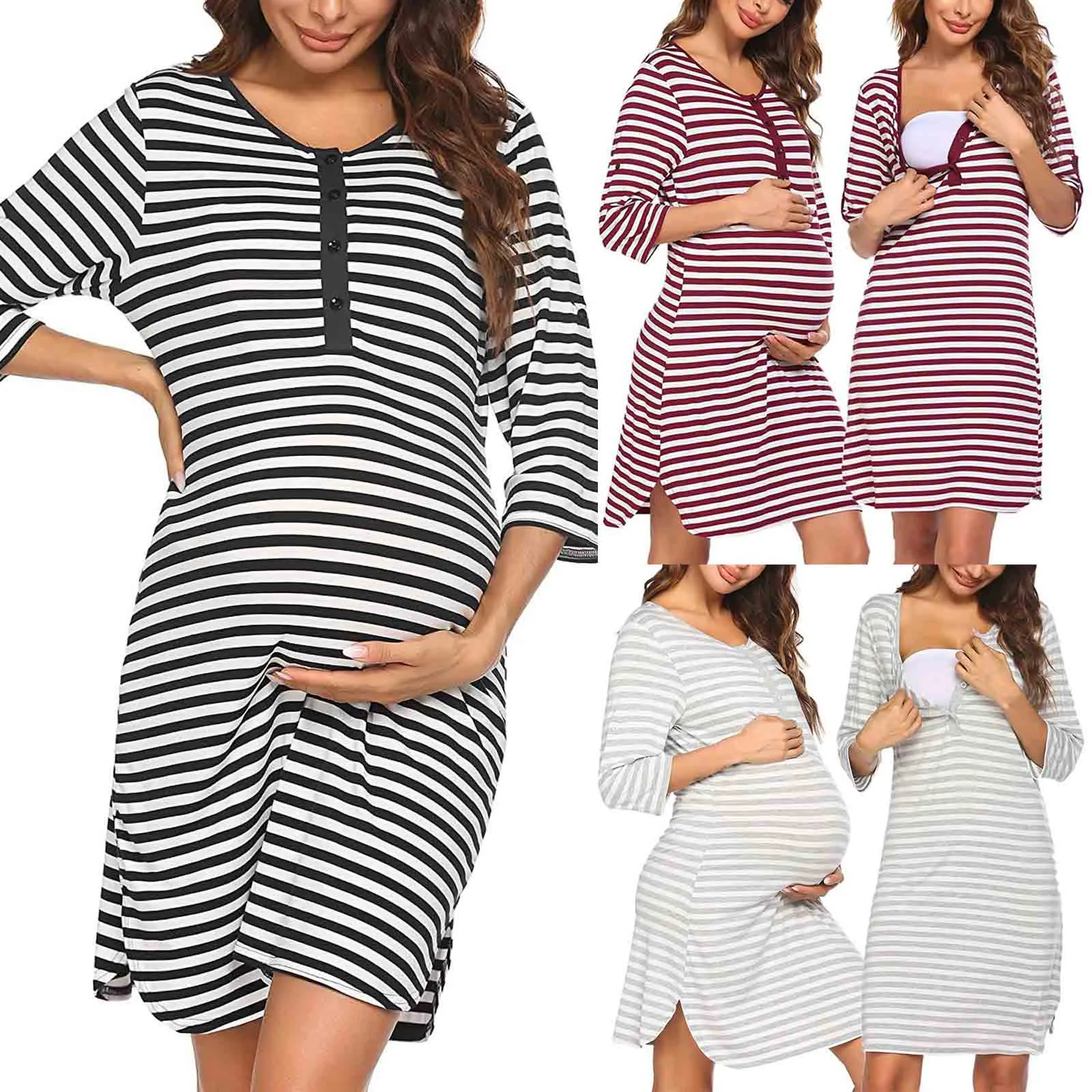 

Платья для беременных женщин полосатая ночная рубашка с коротким рукавом для кормящих женщин Ночная рубашка для беременных Одежда для корм...