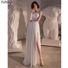 Элегантное шифоновое пляжное свадебное платье YUNUO трапециевидной формы с длинными рукавами и вырезом сбоку Свадебные платья с жемчугом vestido de noiva