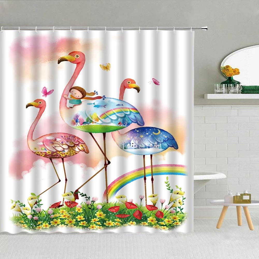 

Flamingo Fairy Tale Shower Curtain Little Girl Red Flower Green Leaves Butterfly Scenery Bathroom Decor Waterproof Curtains Set