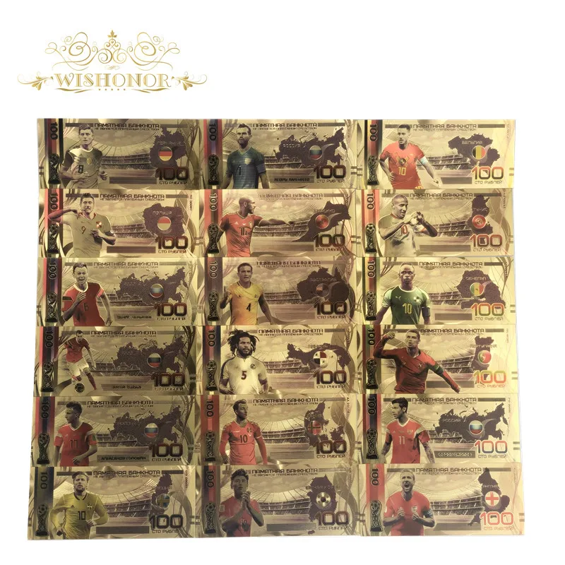 18 шт./лот новые банкноты футбольной команды по Кубку мира 100 рублей в бумаге 24 К