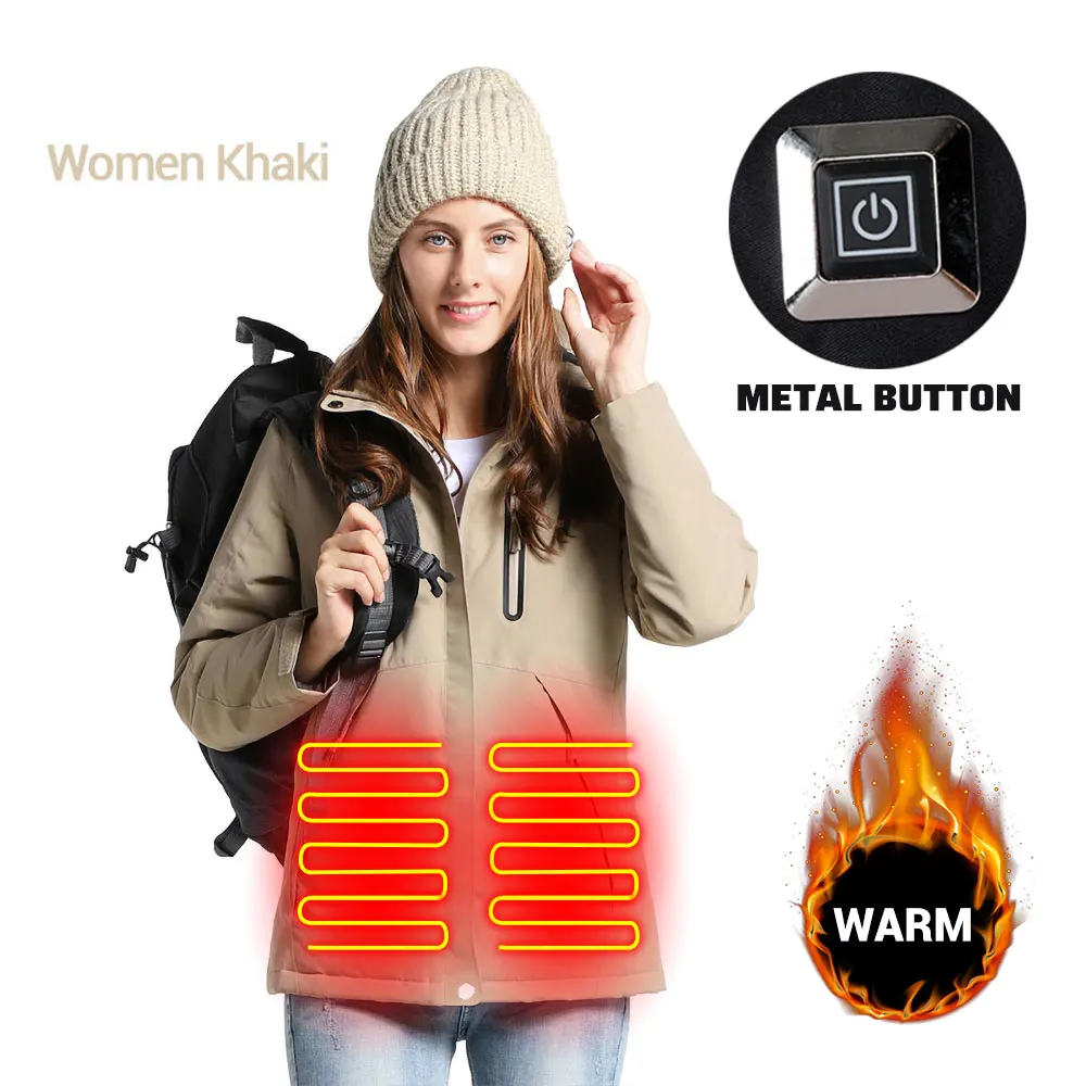Women Khaki Мотоциклетная куртка для мужчин и женщин Зимняя Толстая USB Инфракрасная нагревательная куртка водонепроницаемая с капюшоном электрическая теплая одежда Chaqueta Moto - Цвет: Women Khaki