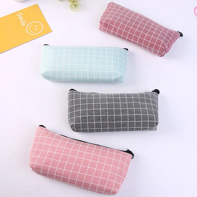 

1 Pcs Kawaii Color Pencil Bag Lattice Stripe Canvas Zipper Pencil Bag School Supplies Stationery School Pencil Box Pencilcase