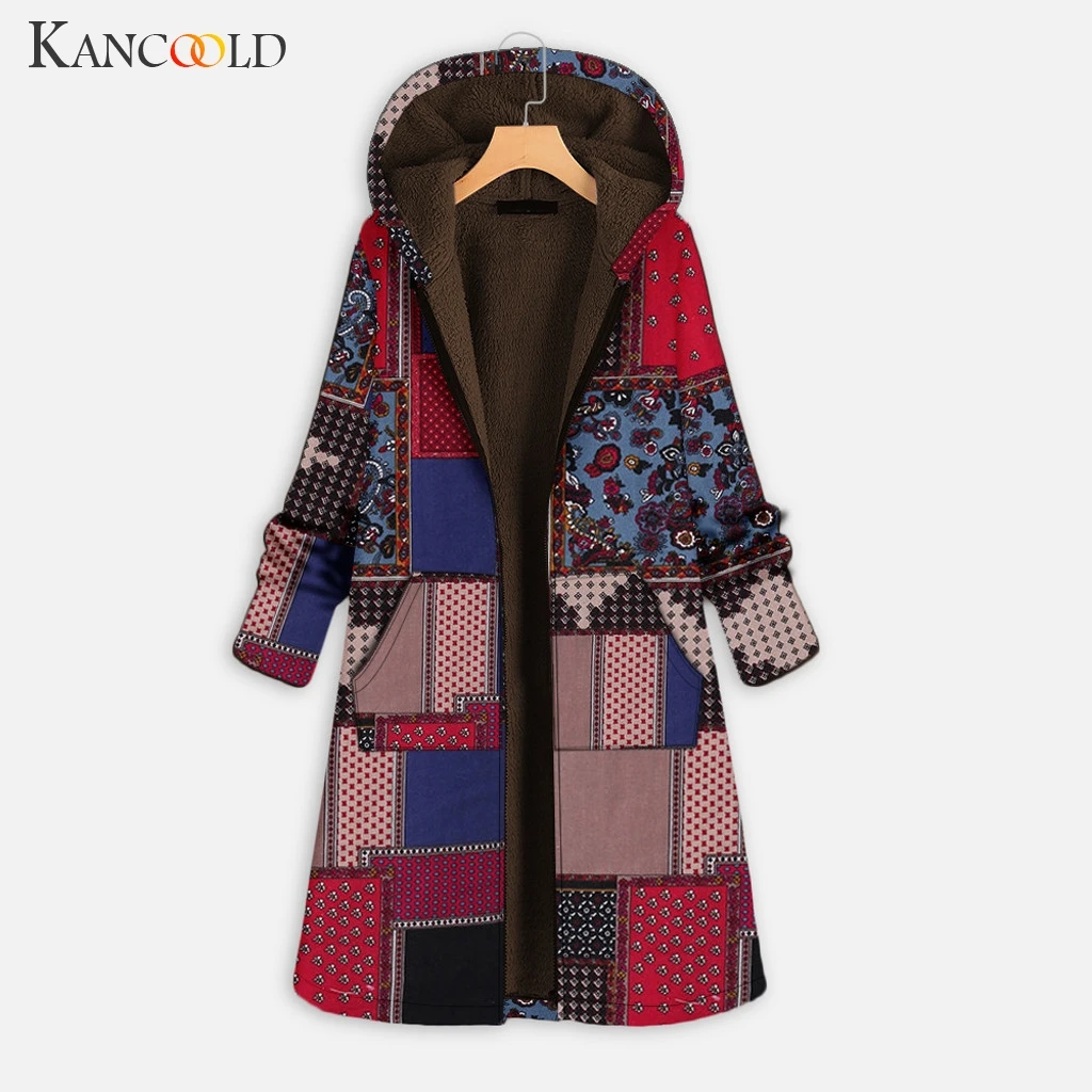 KANCOOLD Женское пальто с винтажным принтом и карманами длинным рукавом на молнии