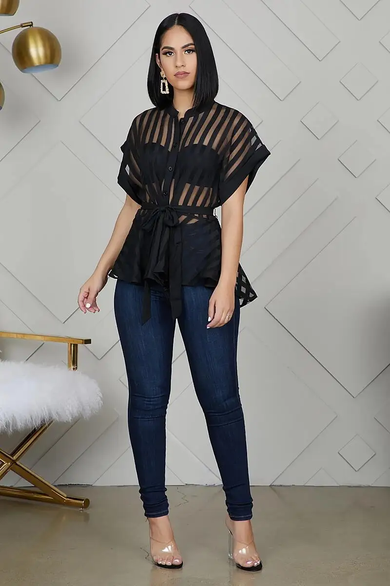

Women's Sexy Flared Tops Perspective Striped Shirt Tops Fashion Sexy See Through Short Sleeve Blouse with Waist Belt for ladies