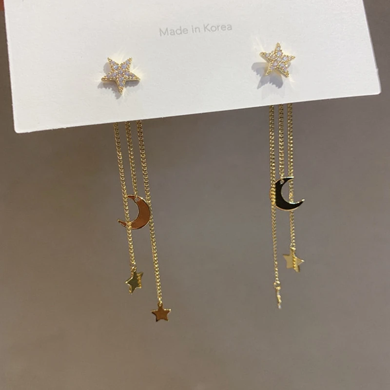 

Brand New Fashion Crystal Exquisite Sweet Star Moon Long Tassel Earrings Crystal Jewelry Female Earrings Model
