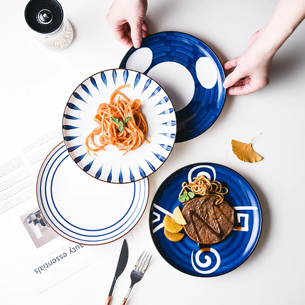 

Tableware 8Inch Japanese Ceramic Round Dish Home Breakfast Plate Pasta Dessert Steak Western Dish Hand-Painted Simple Decoration