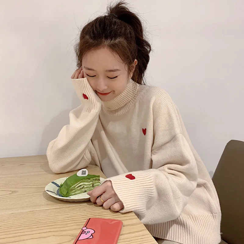 Turtleneck Sweater Women Printed Embroidery Simple Korean Style Harajuku Soft Warm Loose Students Streetwear Knitted Womens Chic | Женская
