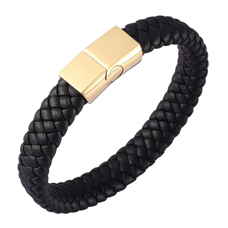 Black Smooth Gold Модный черный/коричневый плетеный кожаный браслет для мужчин из нержавеющей стали с магнитной пряжкой тканые браслеты Pulseira Masculina Прямая поставка - Окраска металла: Black Smooth Gold