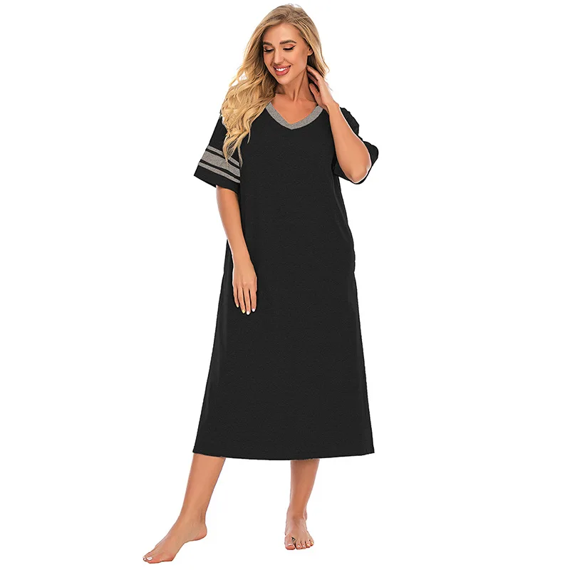 2021 European and American Women's Loose and Comfortable New Solid Color Short Sleeve Long Nightdress Home Wear Sexy Nightwear