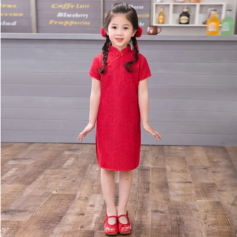 Princess Girls Dress Chinese Traditional Costumes Cheongsams Hanfu Tight Dragon&Phoenix Floral Kids Girls Kimono Satin Dress images - 6