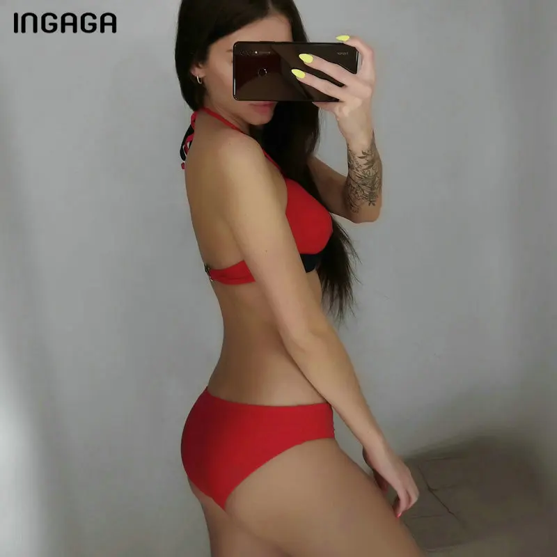 Бикини пуш ап INGAGA 2021 купальники с лямкой на шее женские принтом листьев купальный
