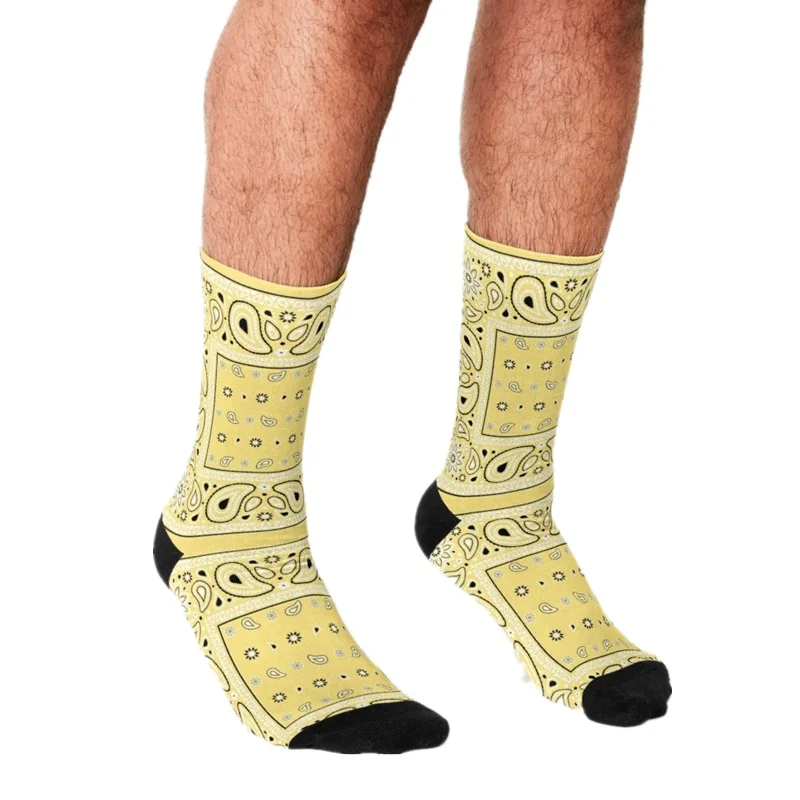 

2021 Men's socks Funny Yellow Bandana Printed Socks Men harajuku Happy hip hop cute boys Crew Casual Crazy Socks for men