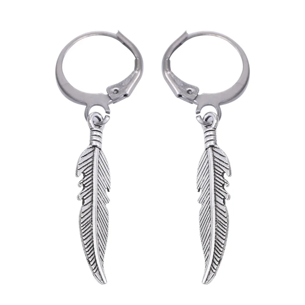 2pcs Punk Earrings Fashion Feather Pendant Personality Titanium Steel Buckle Women Men Jewelry Decoration Charms Male Gift images - 6