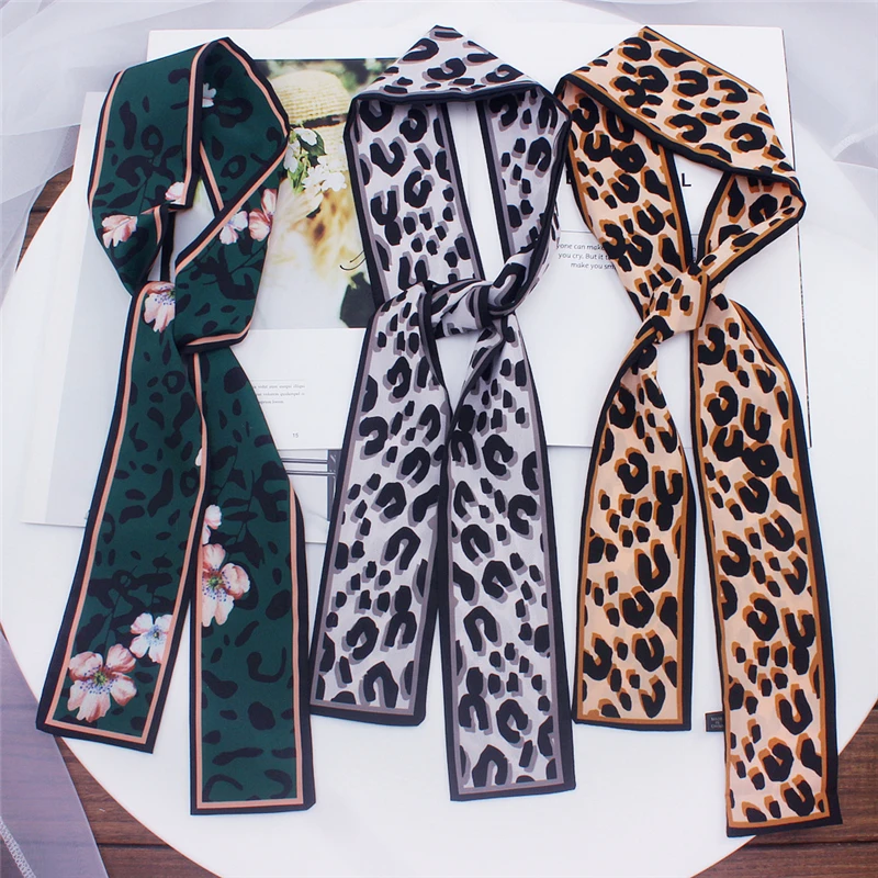 

Double-Sided Leopard Print Small Scarf Flat Angle Silk Scarf Women New Style Tied Bag Skinny Wrist Ribbon Streamer Headband M1