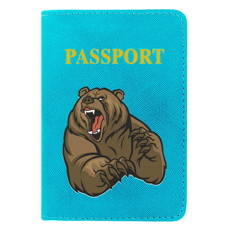 

High Quality Cool Angry Bear Printing Men Women Passport Cover Leather Travel Pocket Wallet Bags