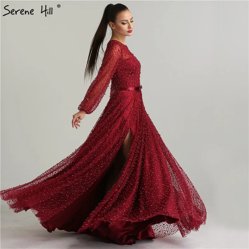 Женское платье для выпускного вечера Бордовое с длинным рукавом и разрезом сбоку