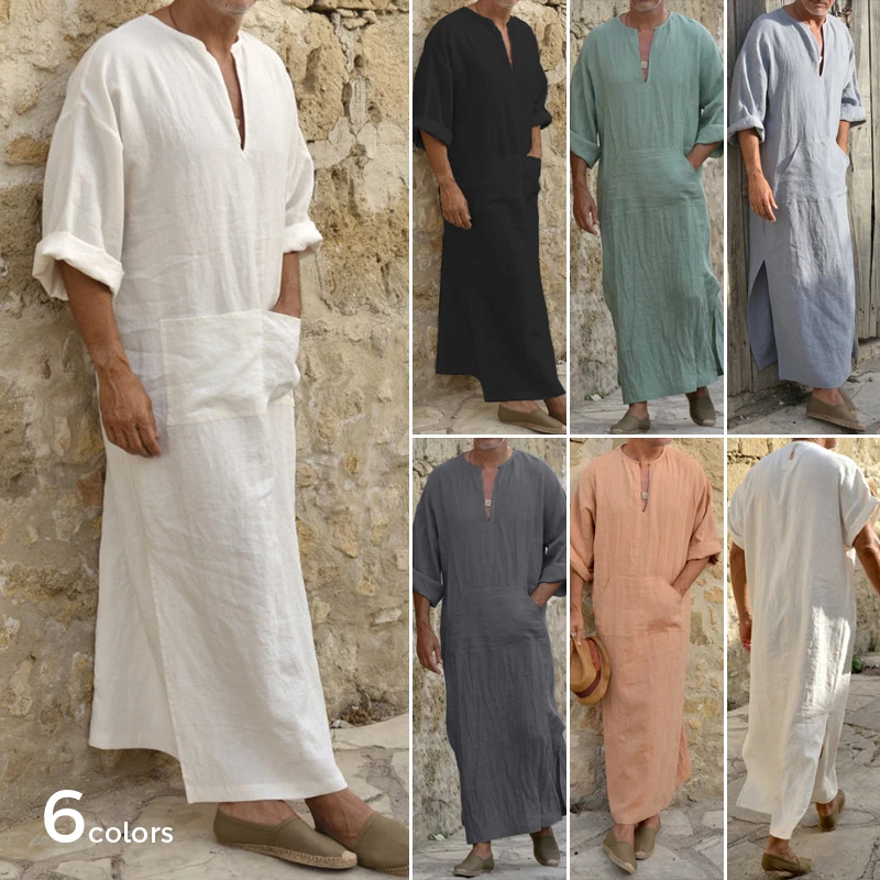 Mens Arab Muslim Long Robe Shirt Casual Loose Long Sleeves Male Pocket Kaftan Robe Cotton Linen Button Plain Robes Plus Size 5XL