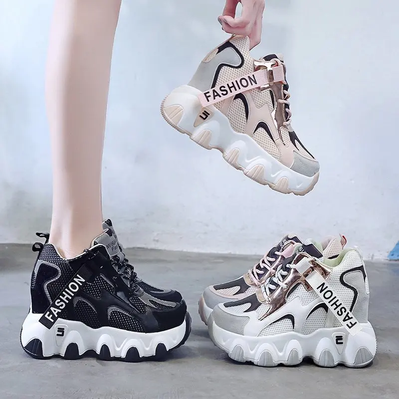 

Fashion Platform Sneakers Shoes Women Vulcanized Shoes Lace-up Wedge Sneakers Woman 9cm Heels Dad Shoes Zapatillas Mujer Casual