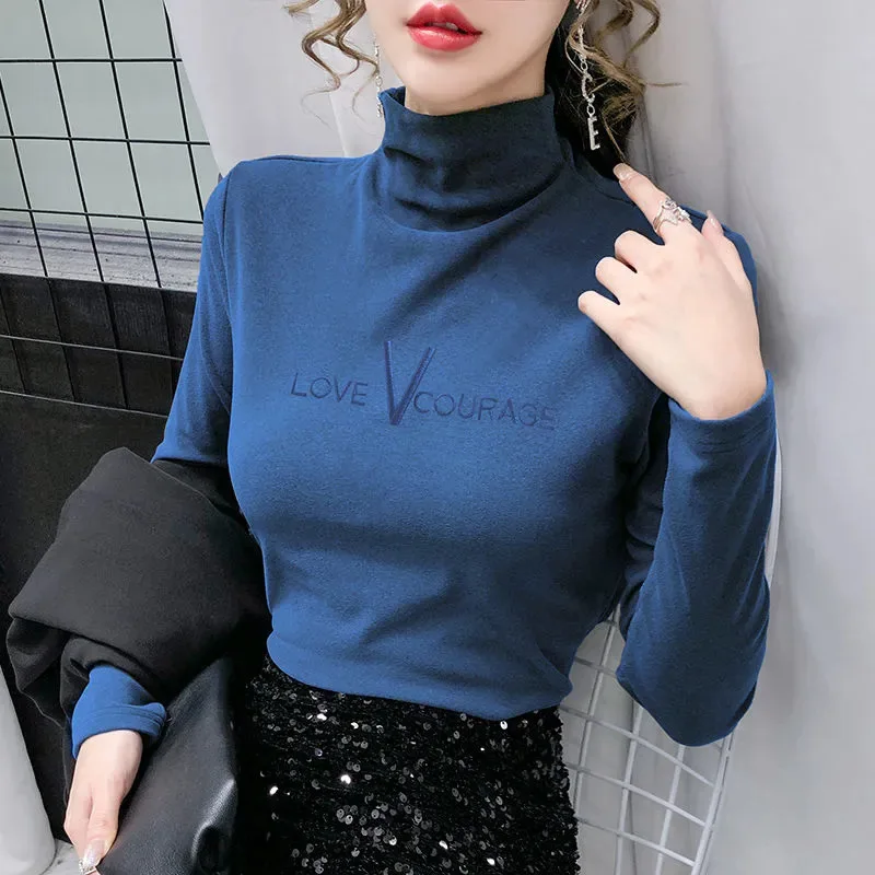 

WYWMY DE Velvet Fabric Bottomed Shirt Women's T Shirt Autumn Slim Fit Embroidery Turtleneck Long Sleeve T-shirt Women Tops Tees