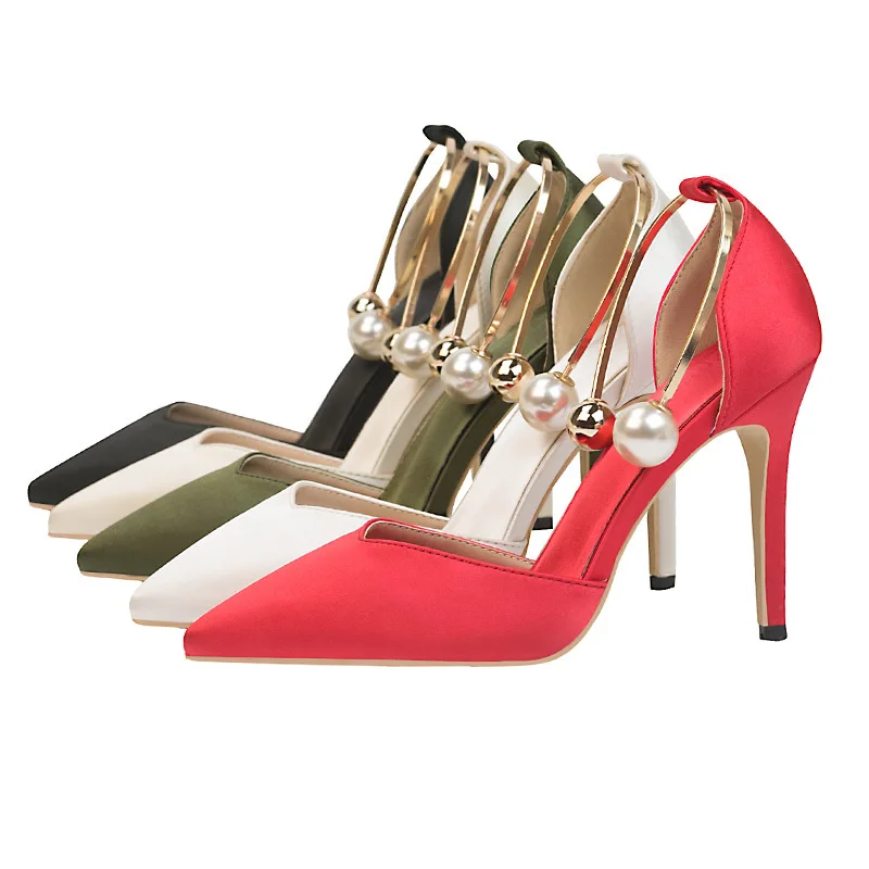 

Women Metal Buckle Elegant High Heel Sandals Soft Silk Pointed Toe Party Shallow pumps satin hollow fashion women's shoes 2021