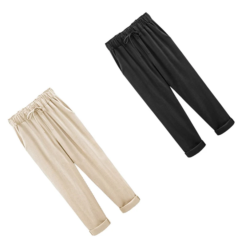 2 шт. женские весенне-осенние хлопковые льняные штаны на шнуровке длинные