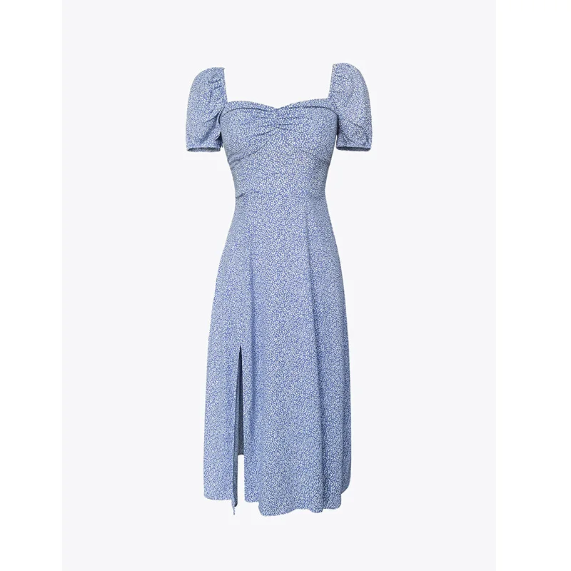 

2021 Summer Clothes Korean Ladies Short Sleeve Vintage Midi Dresses Women Casual Split Design Sexy Elegant Dresses Party French