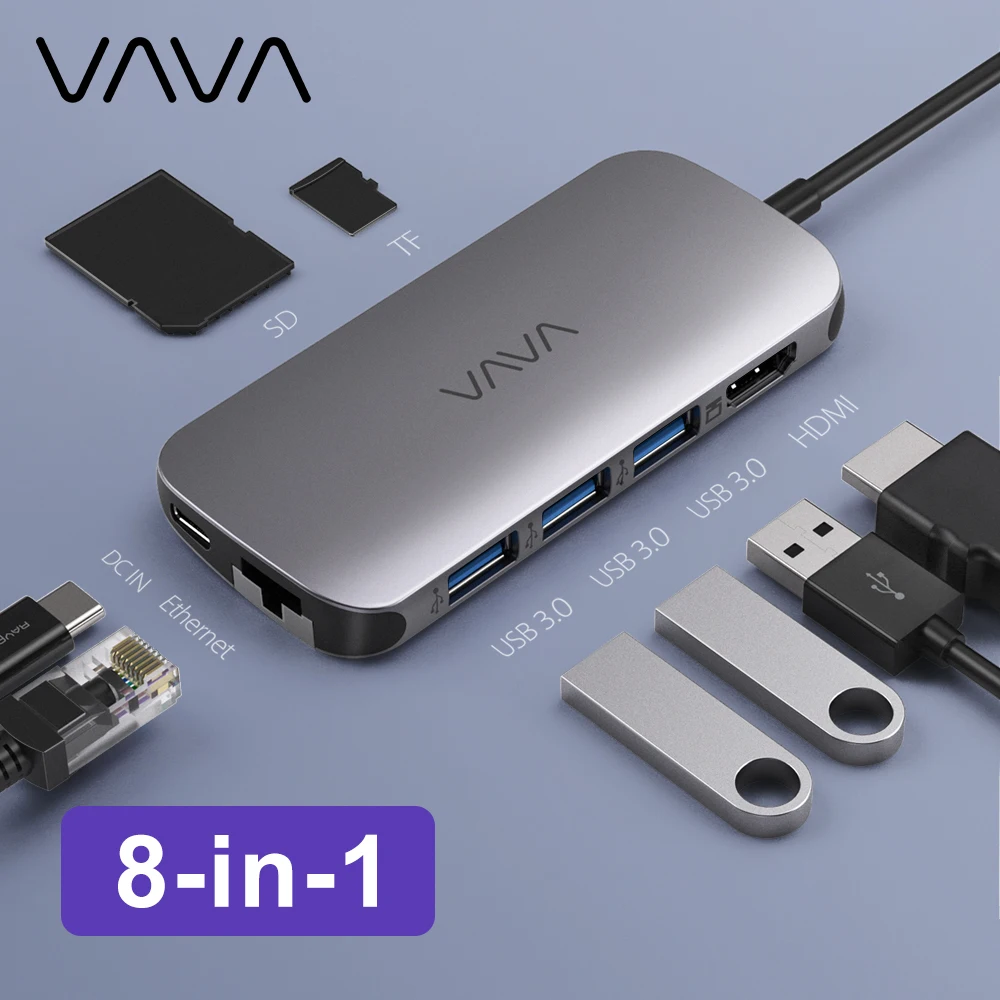 

USB-концентратор VAVA 8-в-1, высокоскоростной адаптер USB 3,0 PD 100 Вт для зарядки MacBook Pro