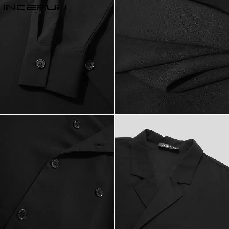 INCERUN 2022 Spring Double Breasted Men Casual Shirt Long Sleeve Lapel Neck Blouse Man Leisure Solid Color Camisa Masculina 5XL