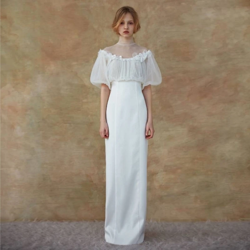 

vestiods de noiva 2020 Puff Sleeve Soft Satin Dress for Wedding Party Sheer Neck Sheath Bridal Gowns Vintage Chic Simple