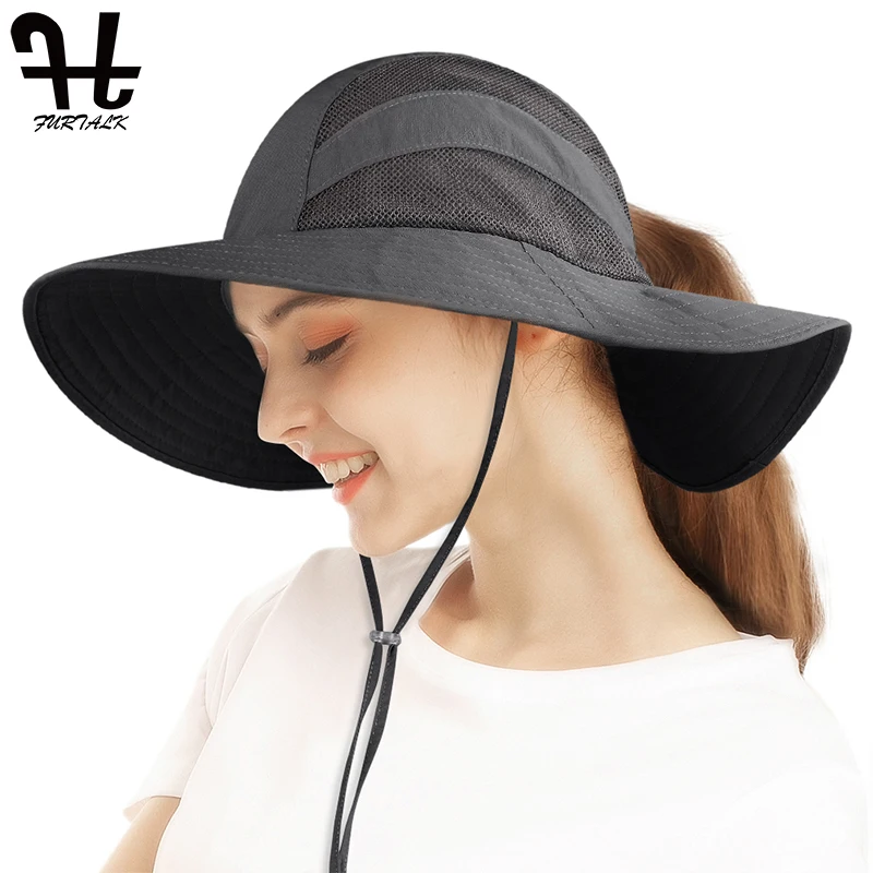 FURTALK летняя Солнцезащитная шляпа Женский хвостик пляжная с широкими полями