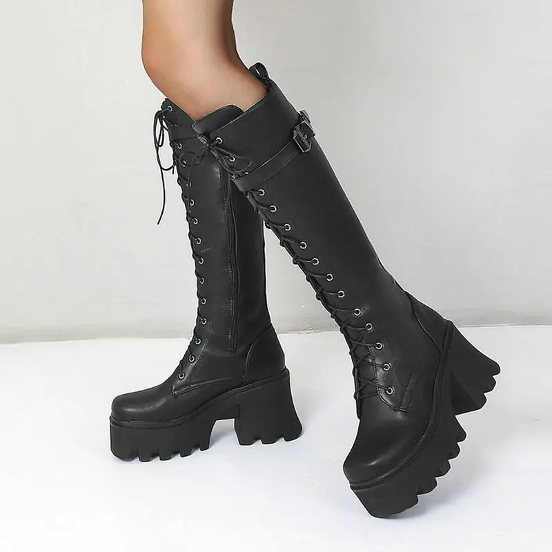 

Женские сапоги до колена на шнуровке, черные высокие сапоги из искусственной кожи на высоком устойчивом каблуке, большой размер 43, для весны...