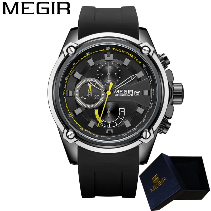 Мужские наручные часы MEGIR черные с хронографом резиновым ремешком и датой 2086|box