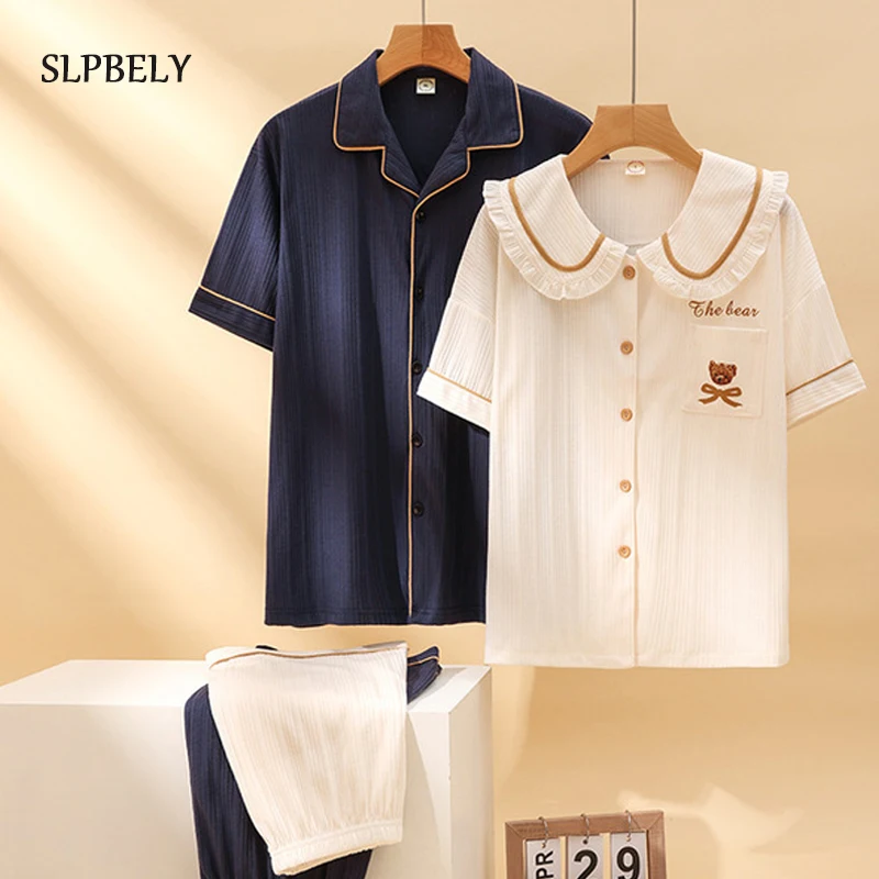 

SLPBELY Stripe Couple Pajamas Homesuit Set Summer Casual Lapel Men Women Short Sleeves Cardigan Pyjamas Lover Homewear Pijama