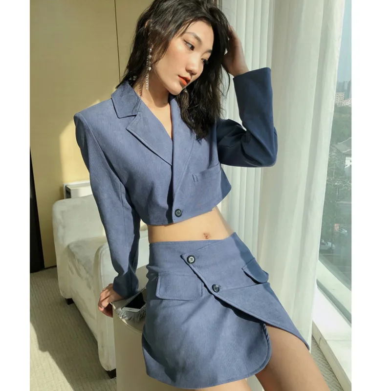 

Spring 2021 Matching Women Long Sleeve Sexy Vintage Corduroy Short Blazer High Waist Irregular Corss Slit Mini Skirt 2 Piece Set
