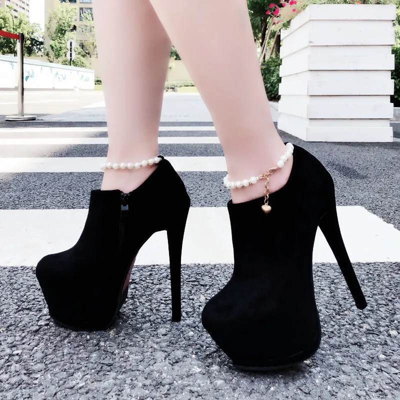 Модные черные женские ботильоны на толстом каблуке Демисезонная обувь платформе