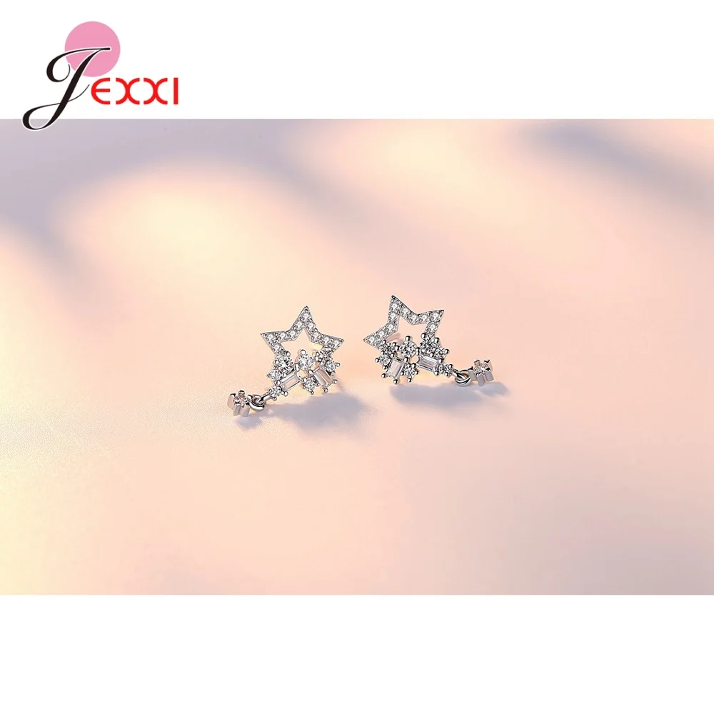 925 Sterling Silver Statement Earrings Cubic Zirconia Stone Inlay Paved Setting Star Hanging Dangle Modern Ear Brincos Jewelry | Украшения