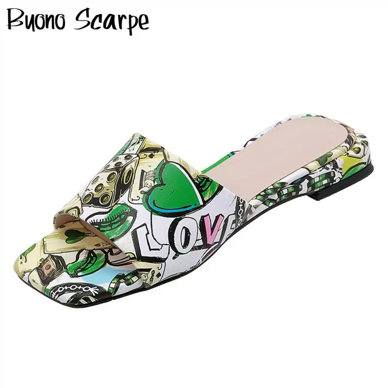 

Buono Scarpe/женские тапочки на плоской подошве с граффити; Летние пляжные женские тапочки; Обувь из натуральной кожи с принтом; Повседневная обу...