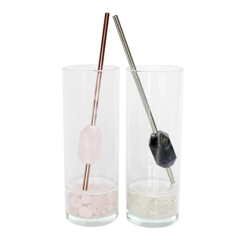 New Eco-friendly Collapsible Amethyst/Rose quartz Clear Crystal drink straw Reusable Stainless Steel Straw With Brush
