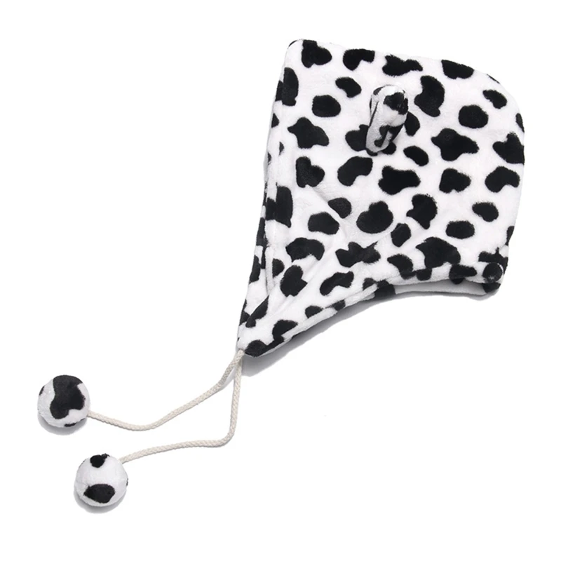 

Women Winter Fluffy Warm Cow Print Hoodie Earflap Cap Collar Scarf Storage Bag