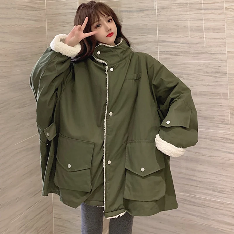 

Lamb wool mid-length coat Cute Women Student Stitching jacket Jacket Fresh Soft sister Loose Long Sleeve Outer Wear Tops FC317