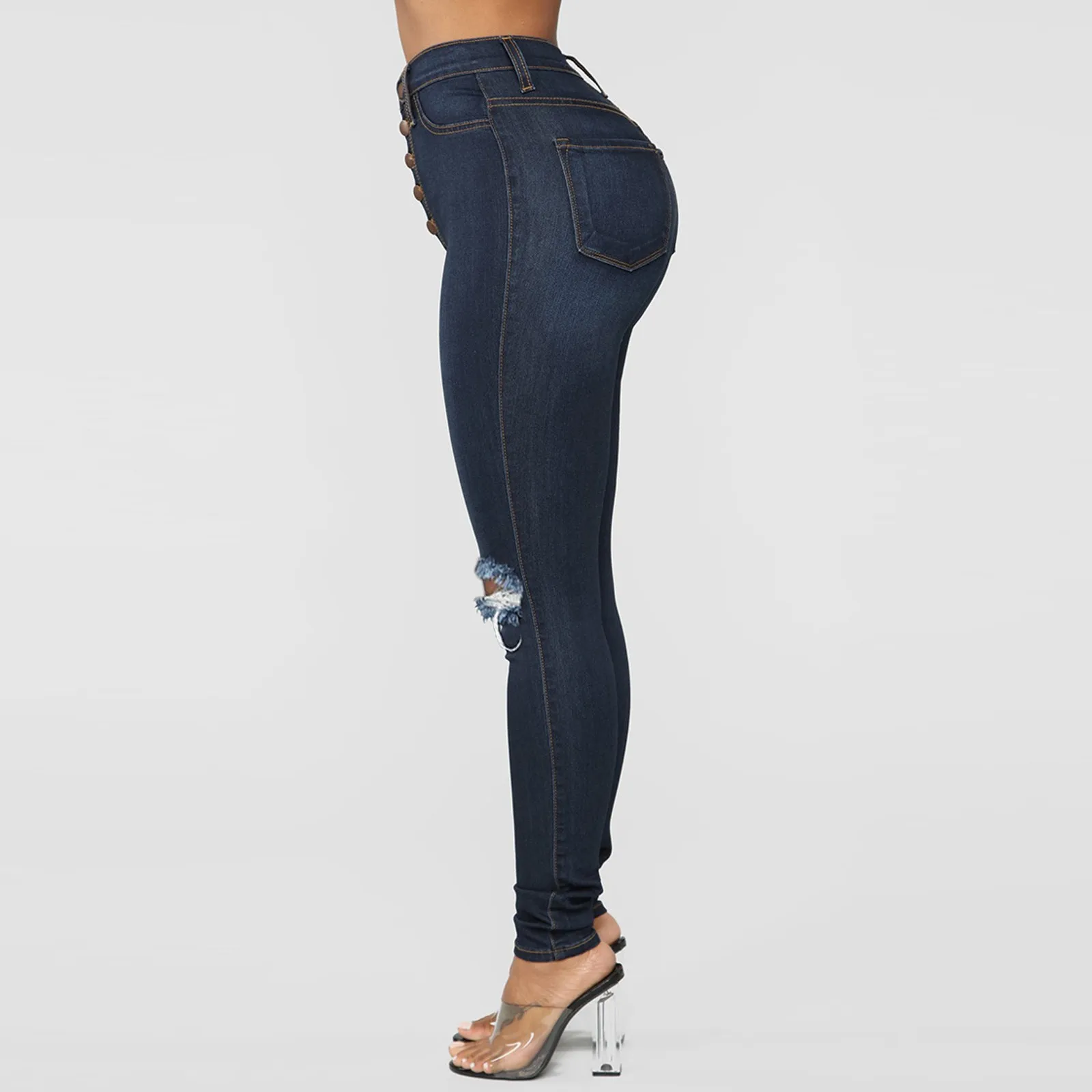 

High Waist Jeans Women Slim Washed Ripped Hole Gradient Long Jeans Denim Sexy Regular Pants Ripped Jeans For Women Jean Femme