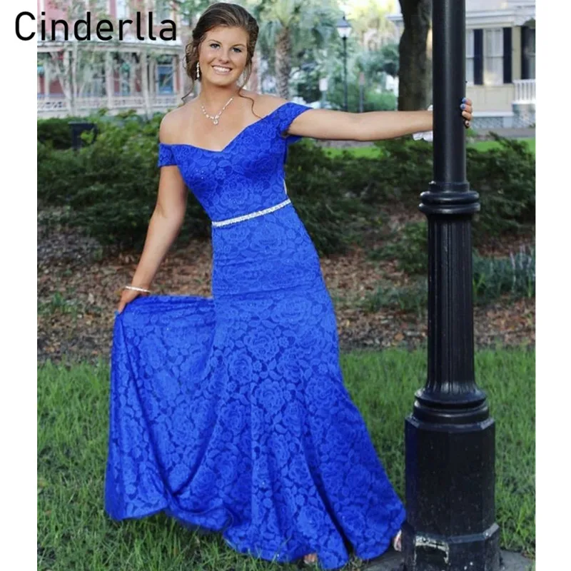 

Fashion Prom Dresses 2021 Off The Shoulder Sweep Train Mermaid Lace Prom Dresses With Zipper Back vestidos de fiesta de noche
