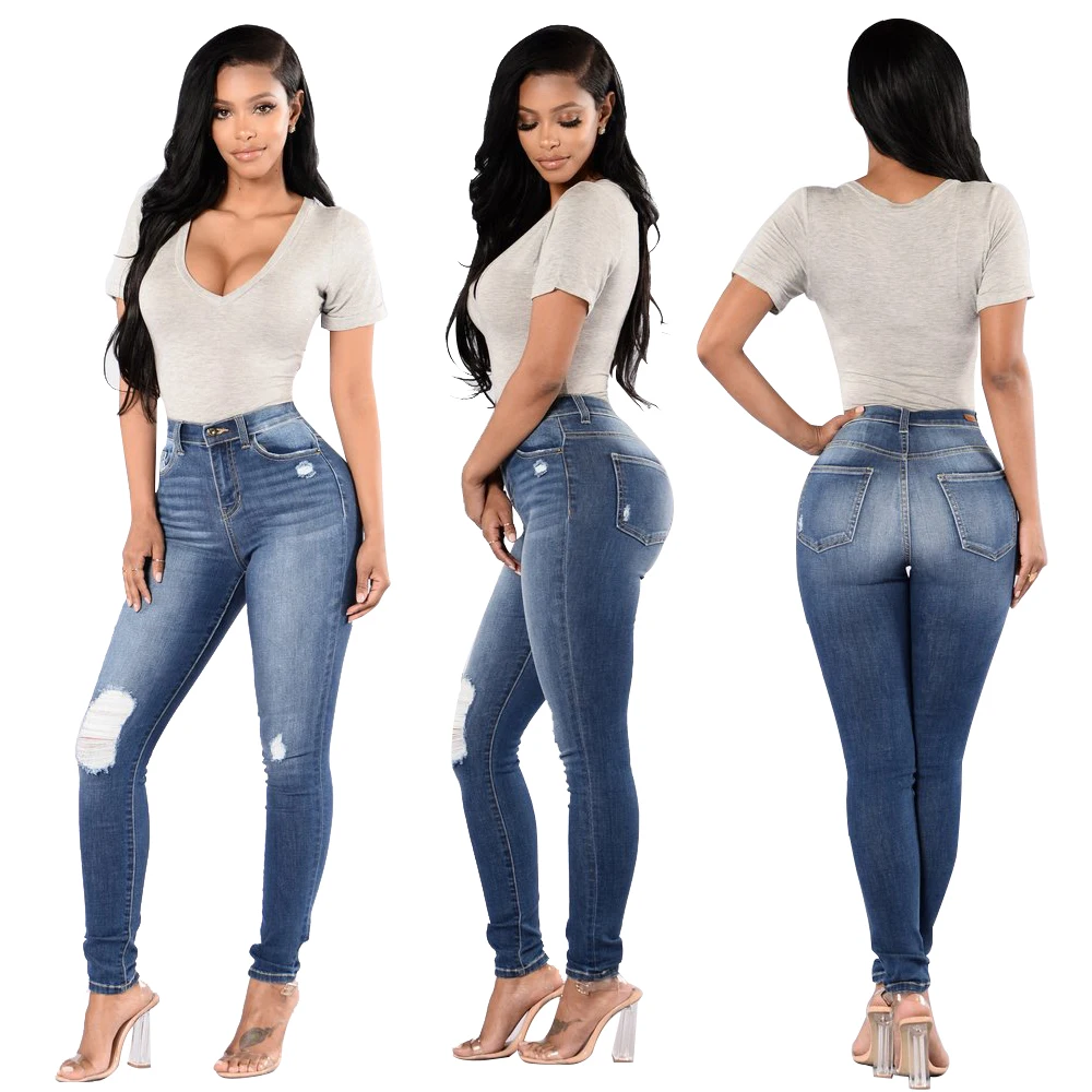 2019 женские новые рваные модные джинсы с дырками обтягивающие синие джинсовые
